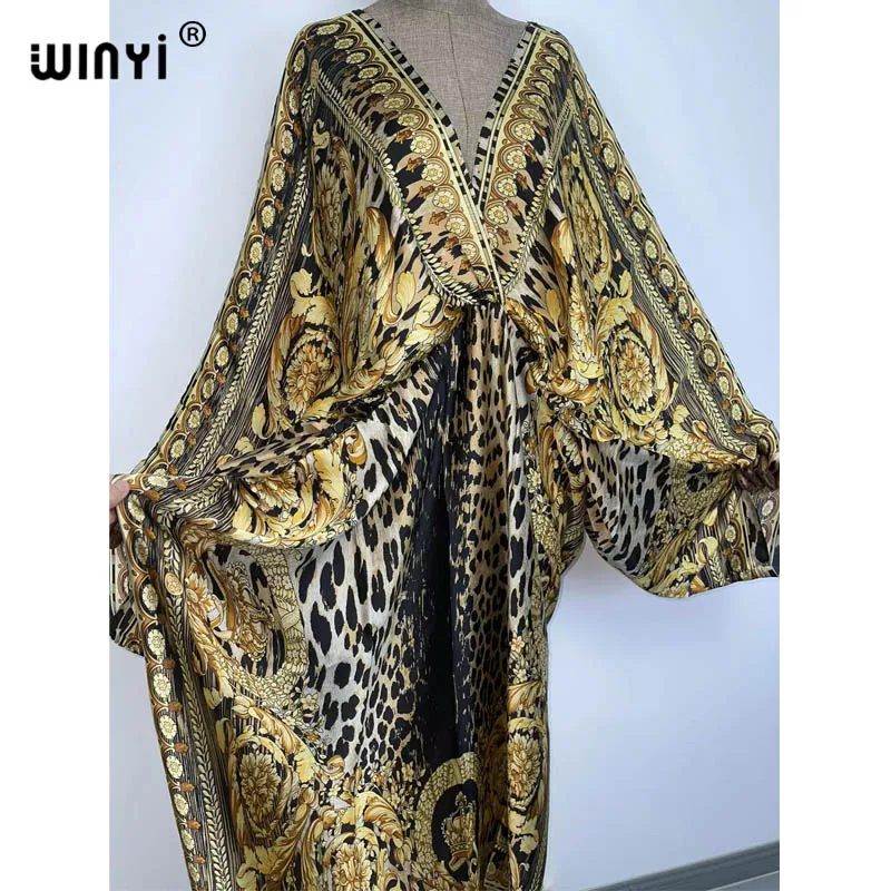 Sexy Beach Kaftan Caftan Feel Silk Rayon Fashion Print 2021 WINYI Maxi Women's Robes Long Sukienka V-Neck Bohemian Dress