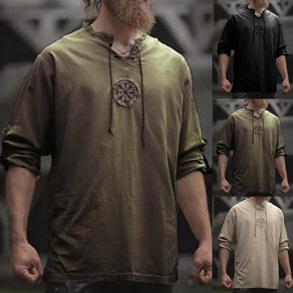 Men Plus Size Shirt Top Ancient Viking Embroidery Lace Up V Neck Long Sleeve Shirt Top For Men's Clothing