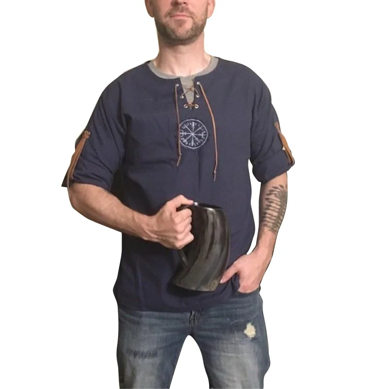 Men Plus Size Shirt Top Ancient Viking Embroidery Lace Up V Neck Long Sleeve Shirt Top For Men's Clothing