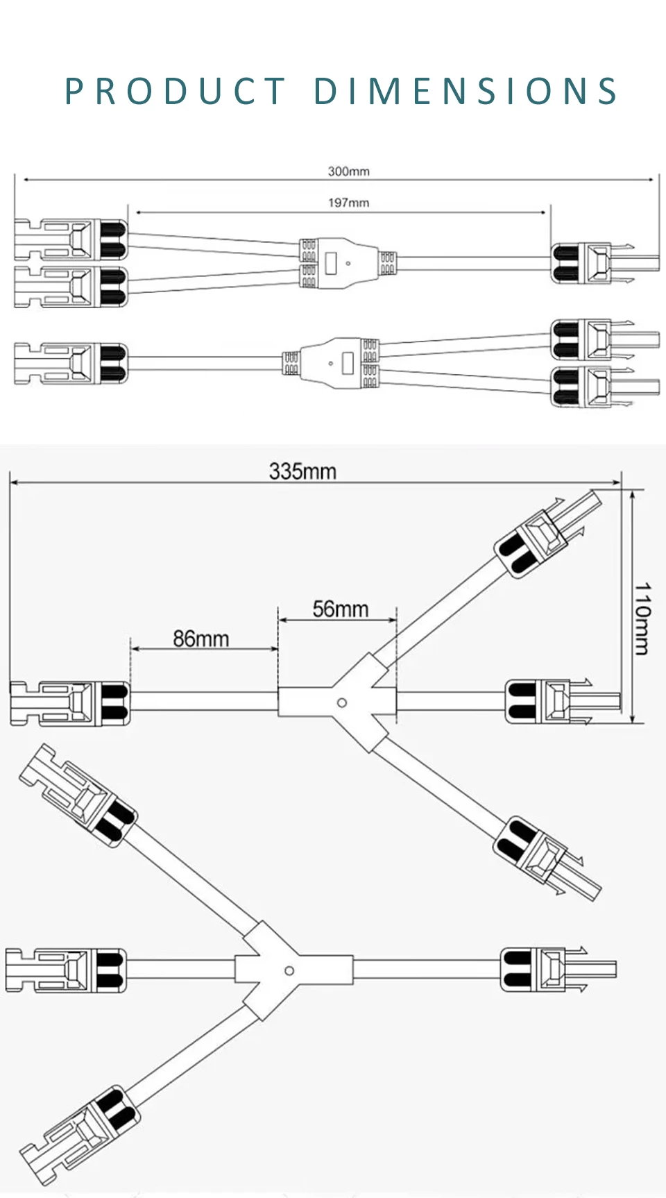 Power Solar Connectors 30A Y-Branch Cable, Solar Cable Parallel Adaptor in Pair for Solar Panel 1*M/FF+1*F/MM Black Red Power