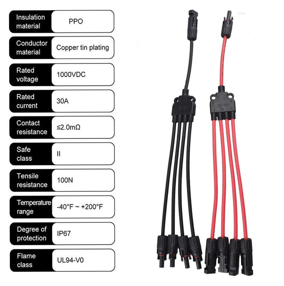 Power Solar Connectors 30A Y-Branch Cable, Solar Cable Parallel Adaptor in Pair for Solar Panel 1*M/FF+1*F/MM Black Red Power