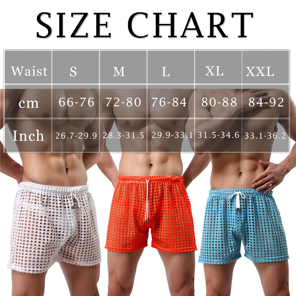 Sexy Mens Causal Shorts Big Mesh Breathable Gym Shorts Fishnet Boxers Transparent Loose Sleep Bottoms Men Hollow Out Swim Trunks