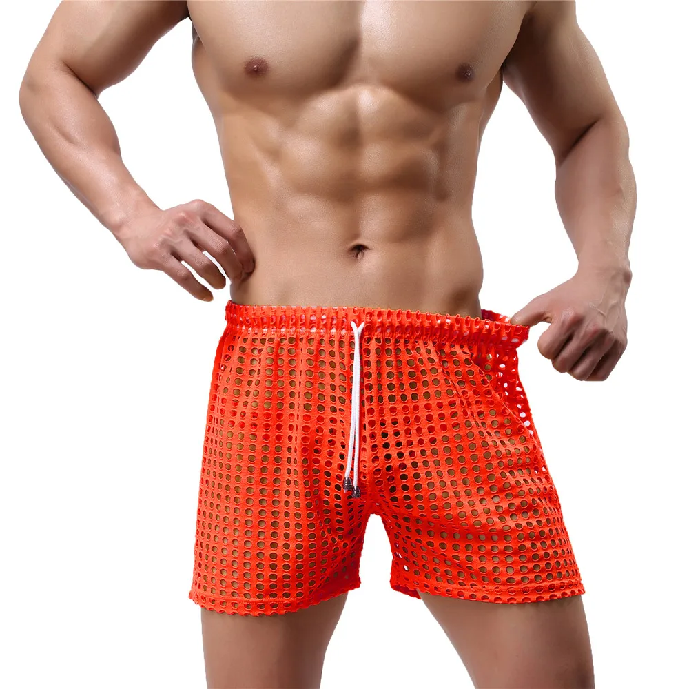 Sexy Mens Causal Shorts Big Mesh Breathable Gym Shorts Fishnet Boxers Transparent Loose Sleep Bottoms Men Hollow Out Swim Trunks