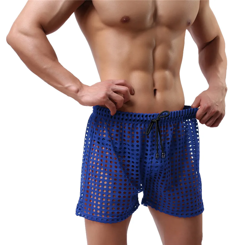 Sexy Mens Causal Shorts Big Mesh Breathable Gym Shorts Fishnet Boxers Transparent Loose Sleep Bottoms Men Hollow Out Swim Trunks