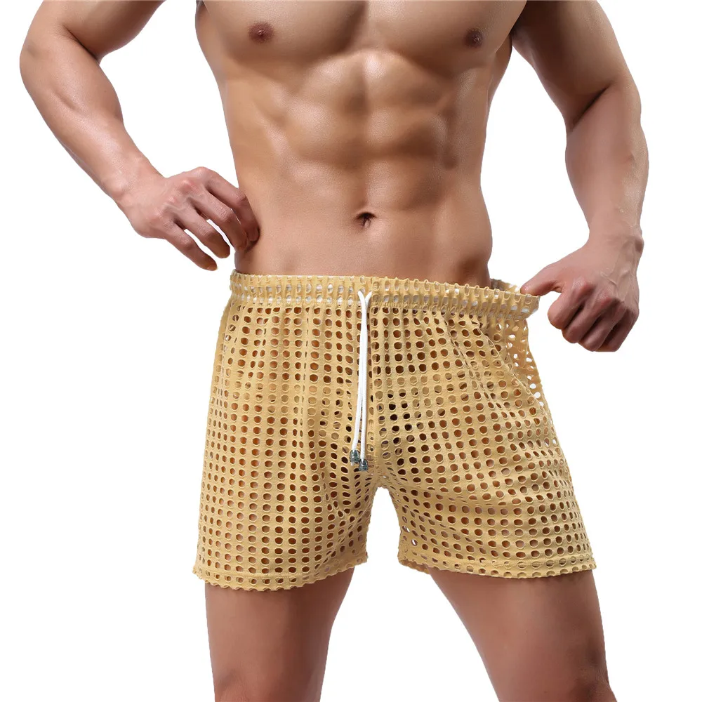 Sexy Mens Causal Shorts Big Mesh Breathable Gym Shorts Fishnet Boxers Transparent Loose Sleep Bottoms Men Hollow Out Swim Trunks