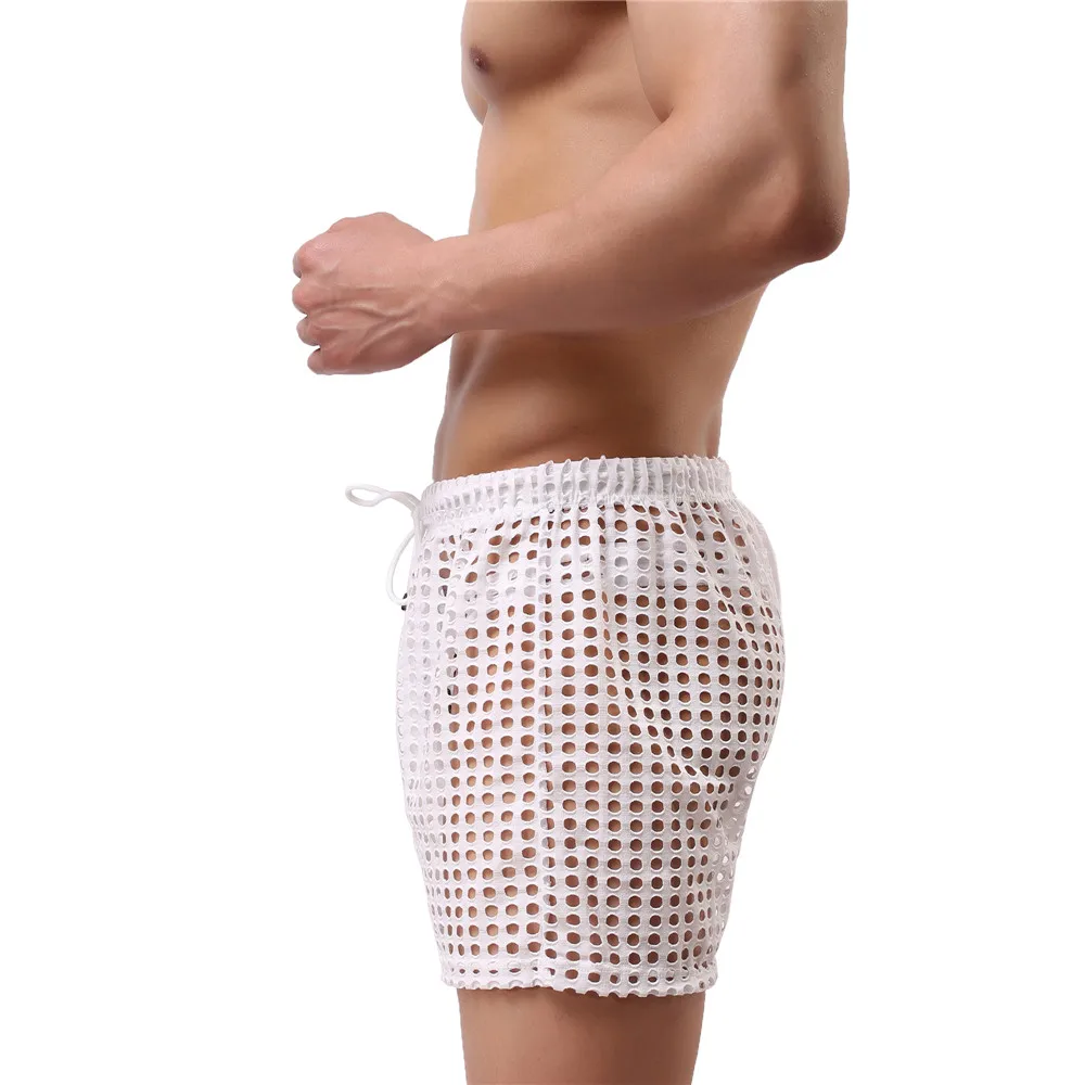 Sexy Mens Causal Shorts Big Mesh Breathable Gym Shorts Fishnet Boxers Transparent Loose Sleep Bottoms Men Hollow Out Swim Trunks