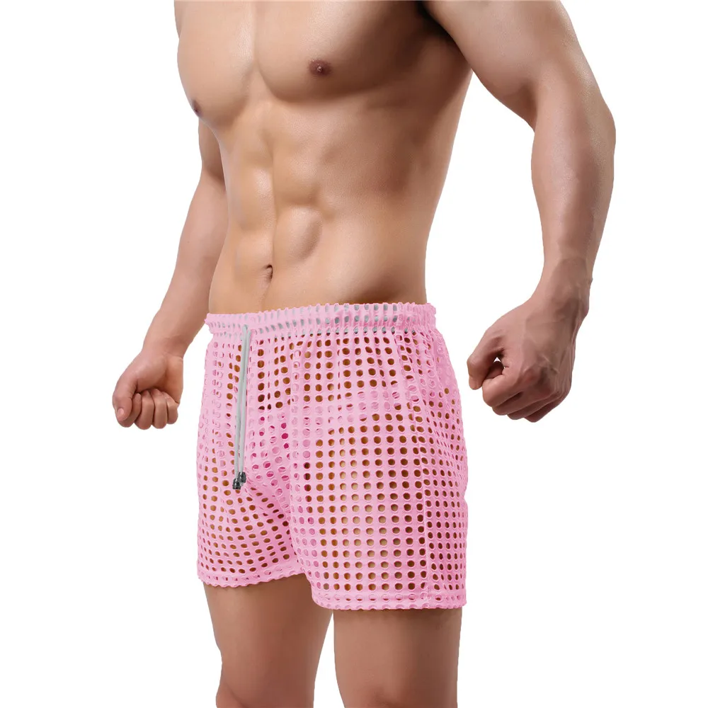 Sexy Mens Causal Shorts Big Mesh Breathable Gym Shorts Fishnet Boxers Transparent Loose Sleep Bottoms Men Hollow Out Swim Trunks