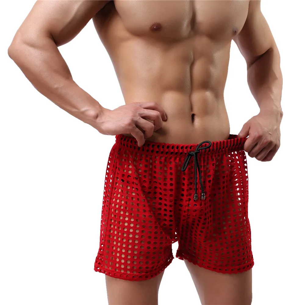Sexy Mens Causal Shorts Big Mesh Breathable Gym Shorts Fishnet Boxers Transparent Loose Sleep Bottoms Men Hollow Out Swim Trunks