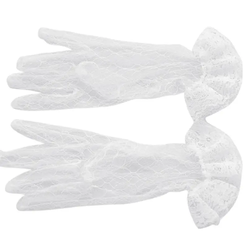 1 Pair White Bridal Wedding Short Gloves Full Fingered Transparent Rhombic Gauze Ruffle Lace Trim Wrist Length Mittens Party