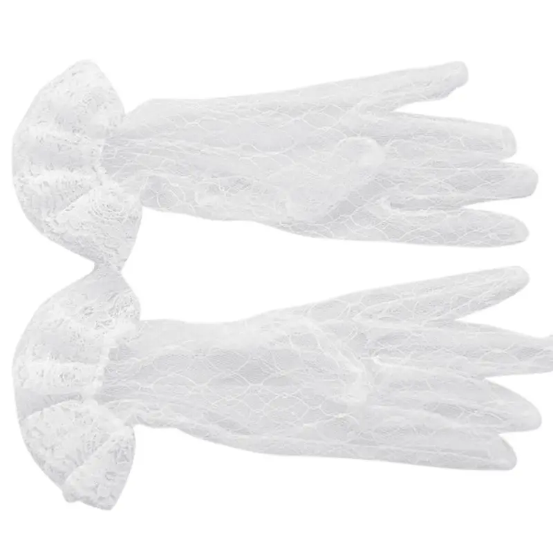 1 Pair White Bridal Wedding Short Gloves Full Fingered Transparent Rhombic Gauze Ruffle Lace Trim Wrist Length Mittens Party