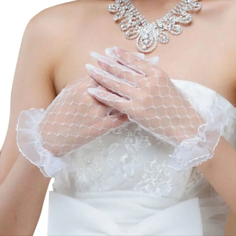 1 Pair White Bridal Wedding Short Gloves Full Fingered Transparent Rhombic Gauze Ruffle Lace Trim Wrist Length Mittens Party