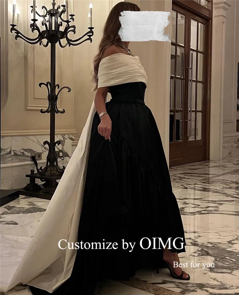 OIMG Ivory And Black Taffeta Formal Evening Dresses Off the Shoulder Sleeves Long Tail Saudi Arabic Party Prom Dress Customized