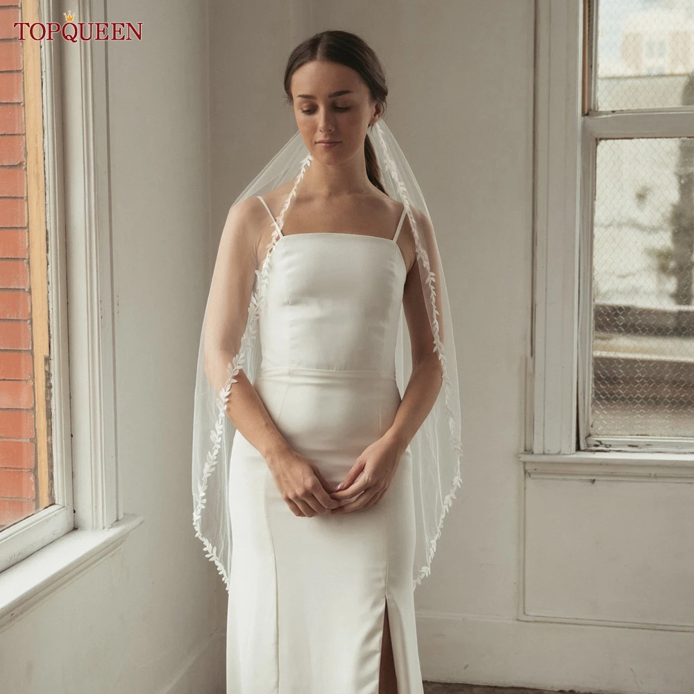 TOPQUEEN V129 Wedding Veil Short Leaf Vine Applique Edge Plain Bridal Veils One Laye Elegant Rochii Wedding Accessories Border