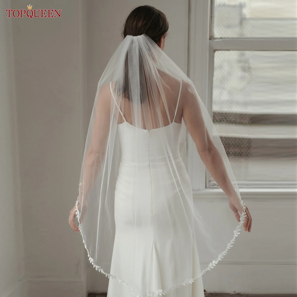 TOPQUEEN V129 Wedding Veil Short Leaf Vine Applique Edge Plain Bridal Veils One Laye Elegant Rochii Wedding Accessories Border