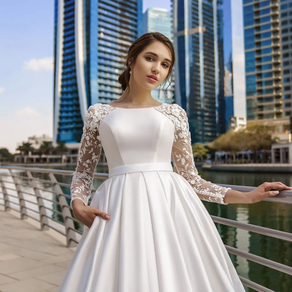 SoDigne Dubai Modest Wedding Dresses Lace Long Sleeve Satin Bride Dress With Belt Women Elegant Wedding Party Gowns Customized