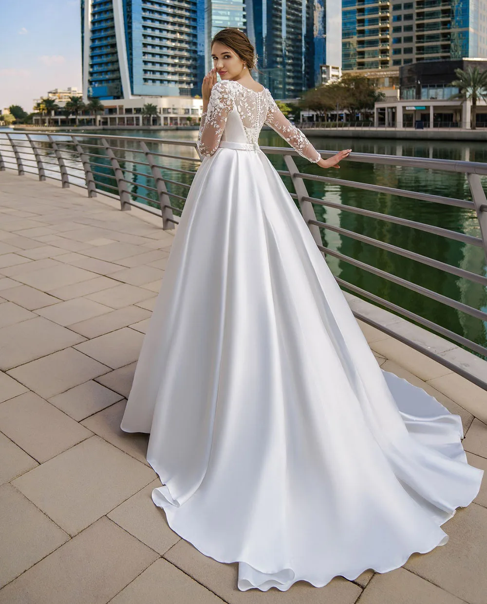 SoDigne Dubai Modest Wedding Dresses Lace Long Sleeve Satin Bride Dress With Belt Women Elegant Wedding Party Gowns Customized