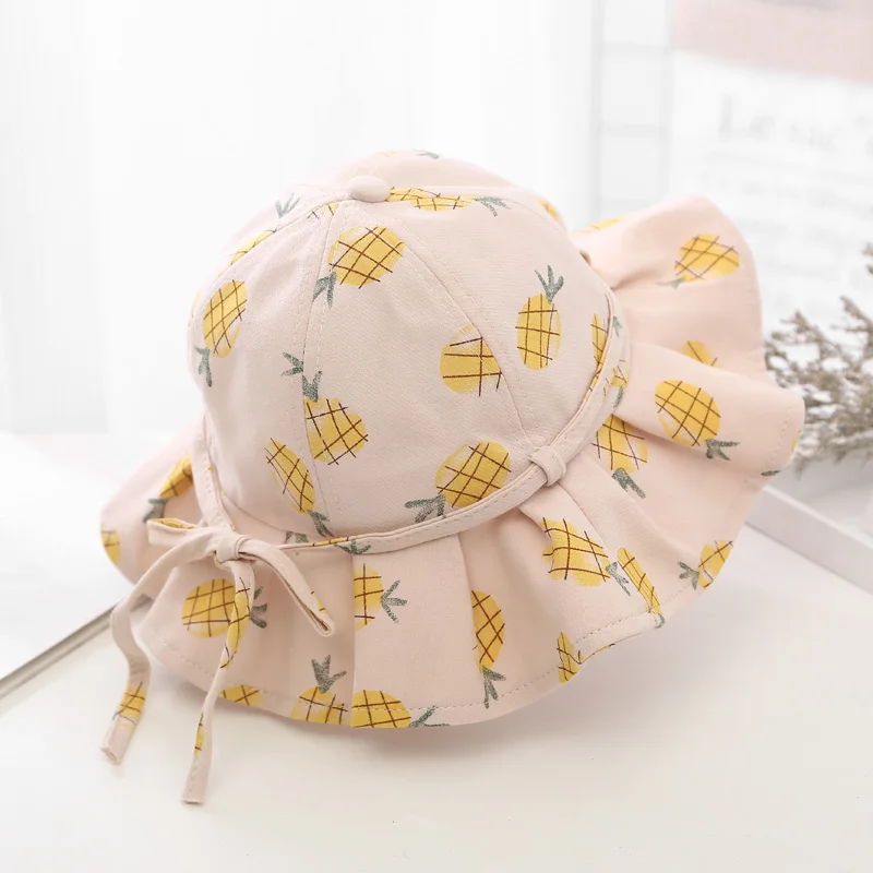 Sweet Baby Summer Hat for Girls Cotton Fruit Print Kids Bucket Hats Bowknot Princess Children Sun Cap Beach Travel 1-3Y