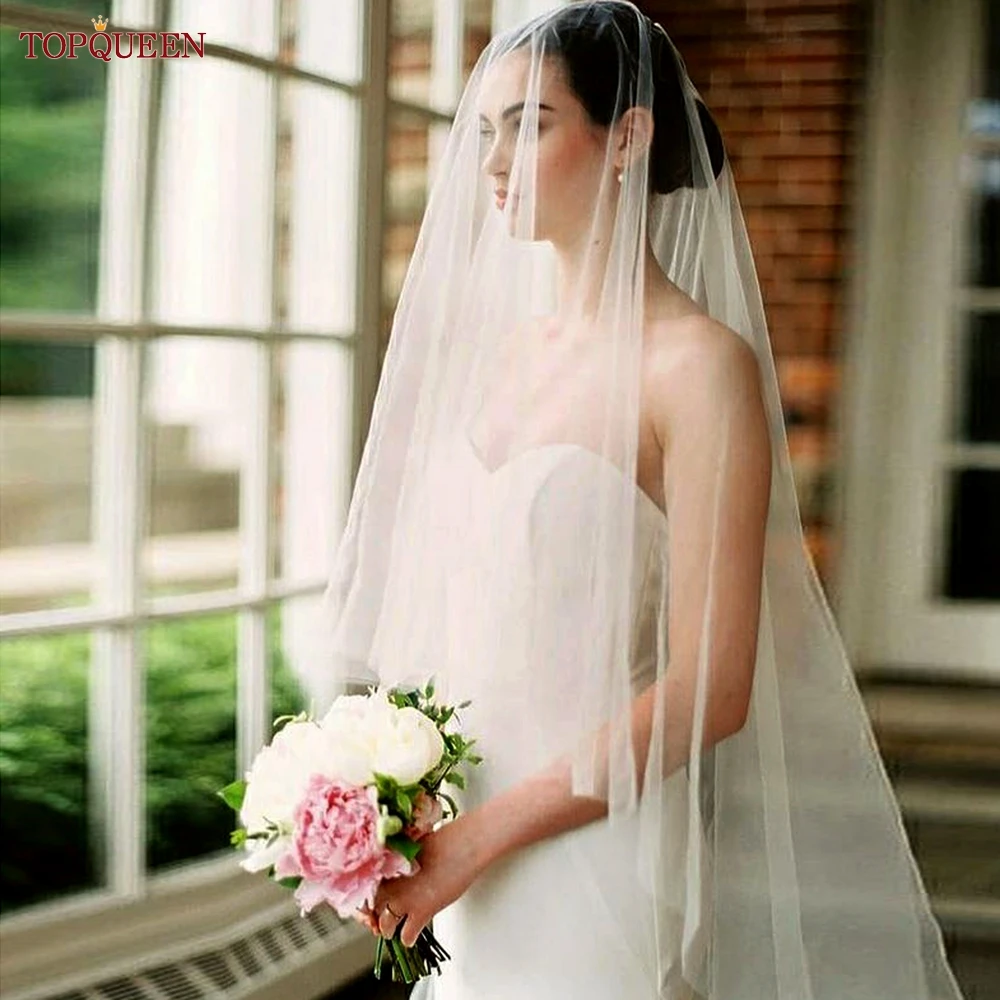 TOPQUEEN Elegant Simple 2 Layer Bridal Veil With Blusher Wedding Veil, Bridal Wedding Accessories Customizable V131