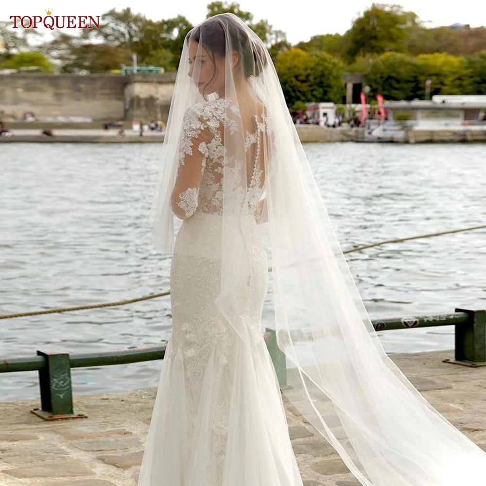 TOPQUEEN Elegant Simple 2 Layer Bridal Veil With Blusher Wedding Veil, Bridal Wedding Accessories Customizable V131