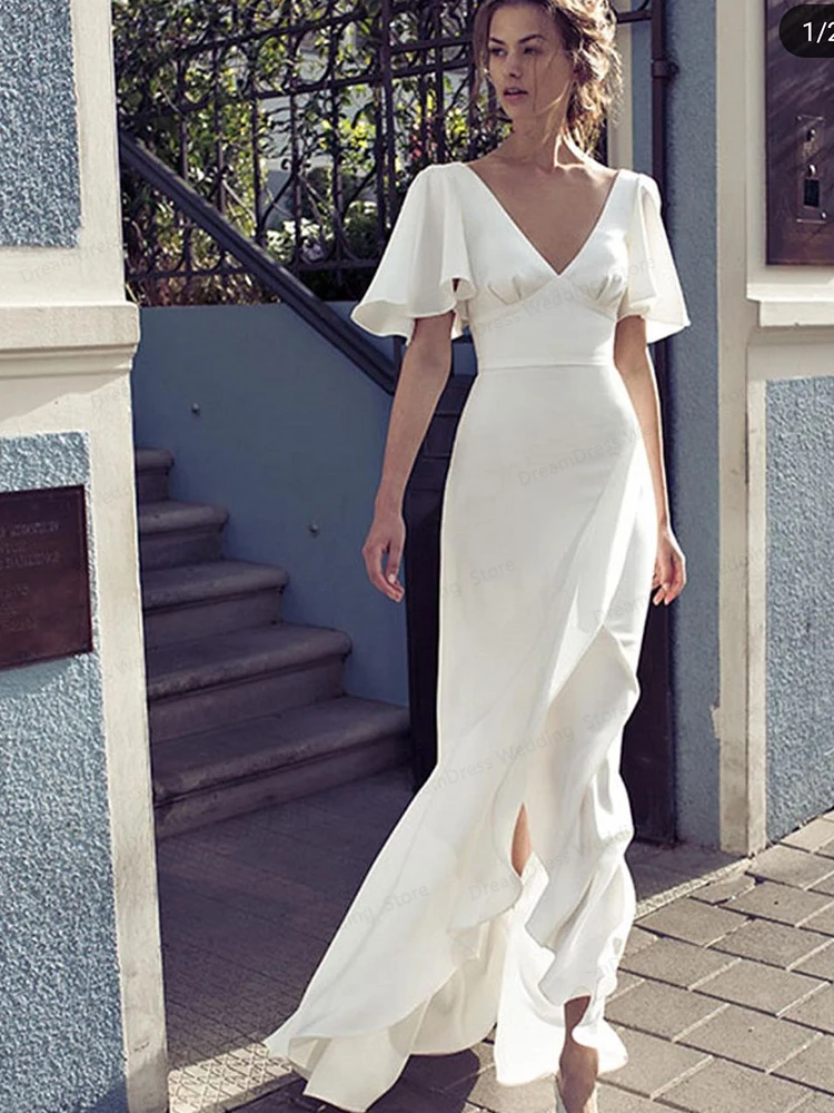 Simple Satin Wedding Dress V Neck Short Sleeve Backless Mermaid Bridal Gowns Front Split Floor Length Minimalist Robe De Noiva