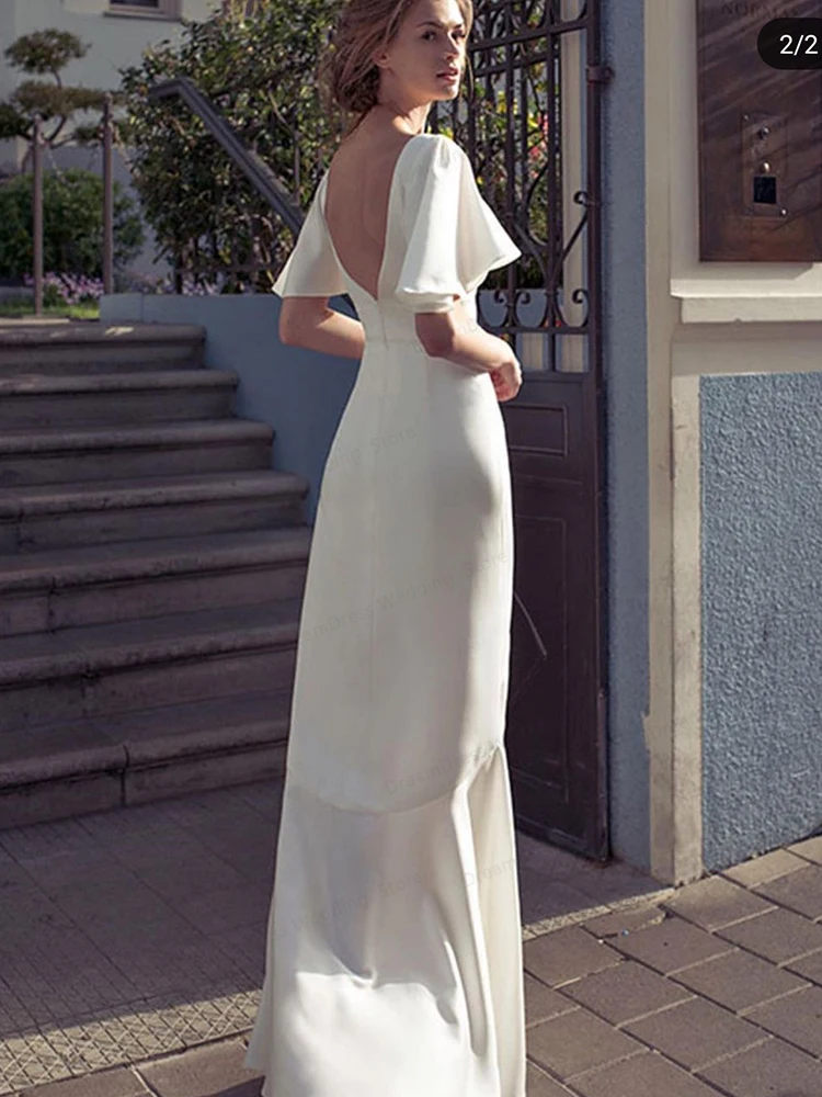 Simple Satin Wedding Dress V Neck Short Sleeve Backless Mermaid Bridal Gowns Front Split Floor Length Minimalist Robe De Noiva