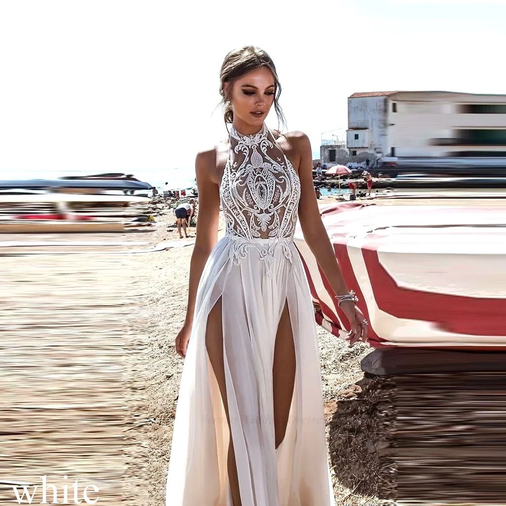 Beach Wedding Dresses Boho Bride Gowns Sexy High Side Slit Halter Lace Top Chiffon Skirt Long Backless Bridal Dresses Customized