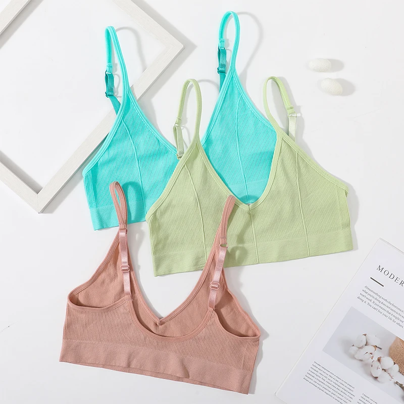 Women Ribbed V-Neck Wireless Bra Solid Color Knit Bralette Stretch Thin Straps Liner-Free No Chest Pads Lingerie Daily Intimates