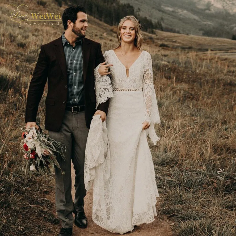 Elegant Bohemian Wedding Dress Deep A-Line V-Neck Court Train Long Flare Sleeve Backless Lace Sash Bride Gown Vestido De Noiva