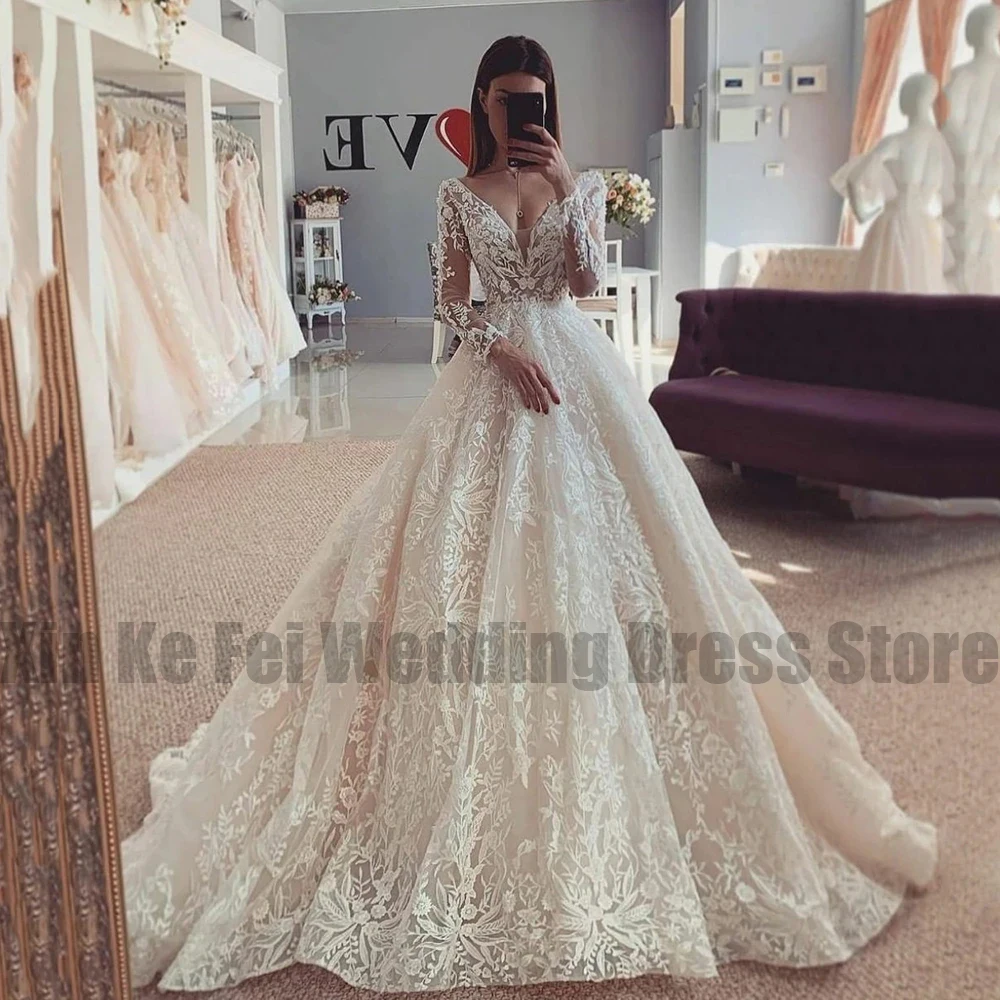 Gorgeous Women's Elegant Bridal Gowns Lace Tulle Applique Long Sleeve Ivory Princess Wedding Dresses 2023 Robe De Mariée Vestido