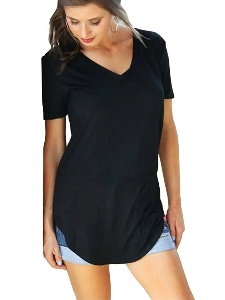 2023 summer women's V-neck short sleeve loose T-shirt hem arc large size solid color leggings women spot