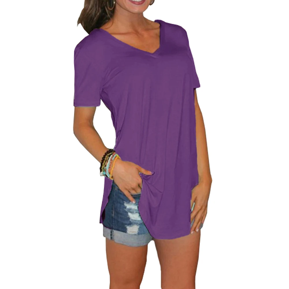 2023 summer women's V-neck short sleeve loose T-shirt hem arc large size solid color leggings women spot