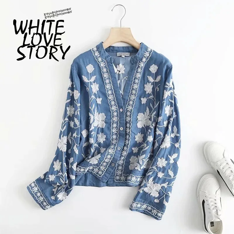 3/4 Sleeve Denim Shirt Women's Spring Summer Soft Jeans V Necks Floral Embroidery Blouses Thin Coat Tops New 2026 T35432M