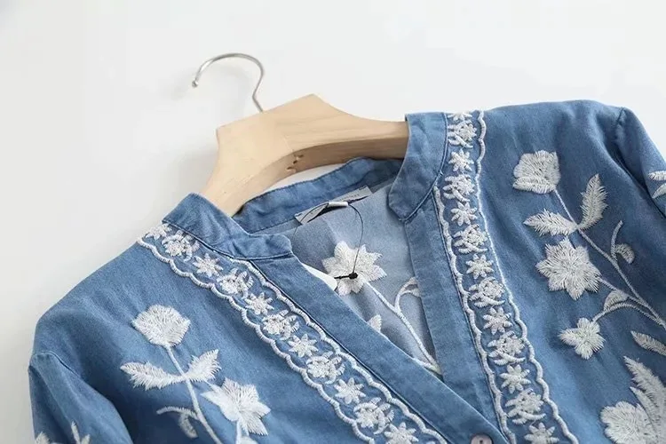 3/4 Sleeve Denim Shirt Women's Spring Summer Soft Jeans V Necks Floral Embroidery Blouses Thin Coat Tops New 2026 T35432M