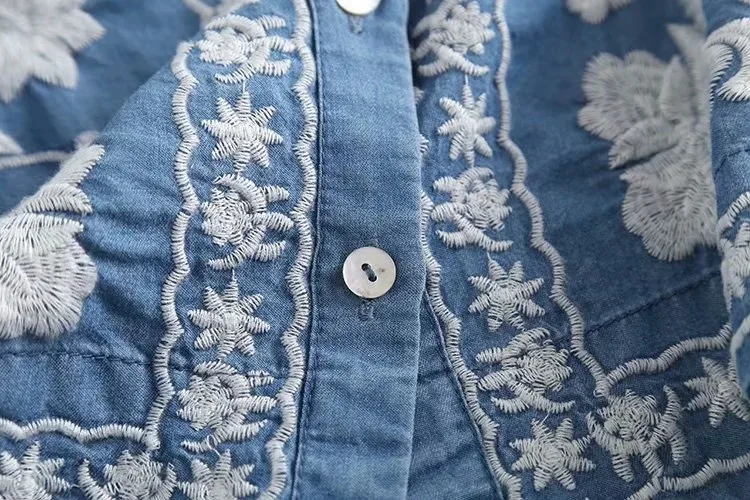3/4 Sleeve Denim Shirt Women's Spring Summer Soft Jeans V Necks Floral Embroidery Blouses Thin Coat Tops New 2026 T35432M