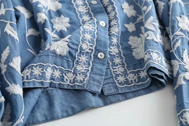 3/4 Sleeve Denim Shirt Women's Spring Summer Soft Jeans V Necks Floral Embroidery Blouses Thin Coat Tops New 2026 T35432M