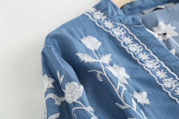 3/4 Sleeve Denim Shirt Women's Spring Summer Soft Jeans V Necks Floral Embroidery Blouses Thin Coat Tops New 2026 T35432M