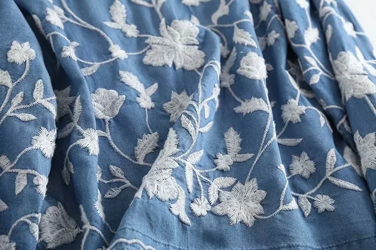 3/4 Sleeve Denim Shirt Women's Spring Summer Soft Jeans V Necks Floral Embroidery Blouses Thin Coat Tops New 2026 T35432M