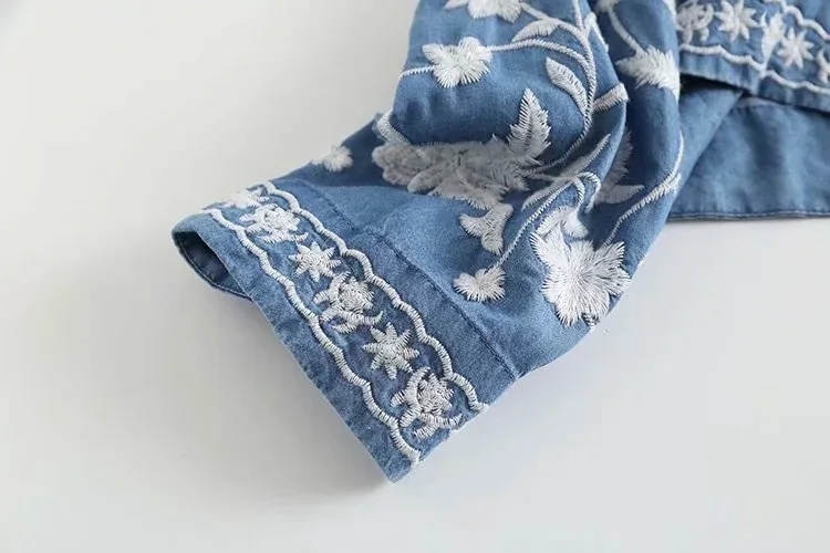 3/4 Sleeve Denim Shirt Women's Spring Summer Soft Jeans V Necks Floral Embroidery Blouses Thin Coat Tops New 2026 T35432M