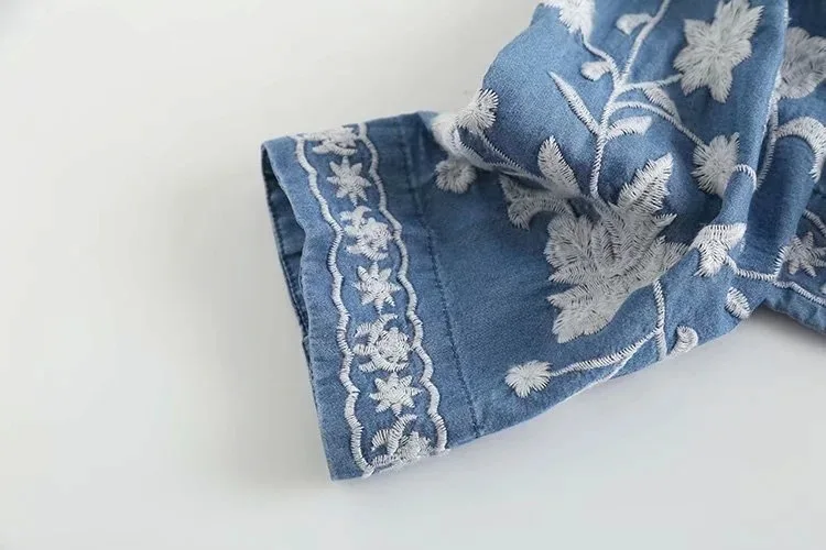 3/4 Sleeve Denim Shirt Women's Spring Summer Soft Jeans V Necks Floral Embroidery Blouses Thin Coat Tops New 2026 T35432M