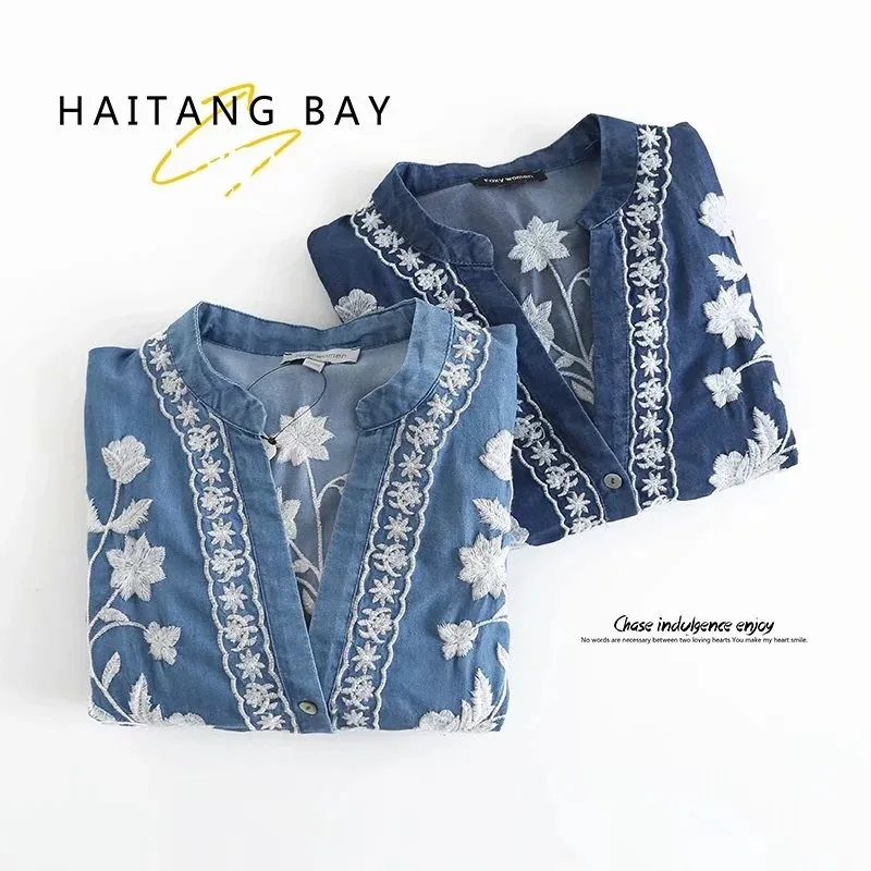 3/4 Sleeve Denim Shirt Women's Spring Summer Soft Jeans V Necks Floral Embroidery Blouses Thin Coat Tops New 2026 T35432M