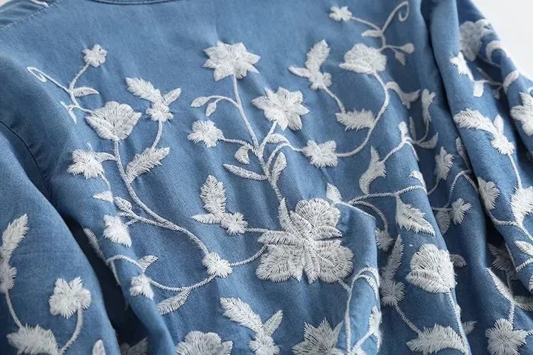3/4 Sleeve Denim Shirt Women's Spring Summer Soft Jeans V Necks Floral Embroidery Blouses Thin Coat Tops New 2026 T35432M