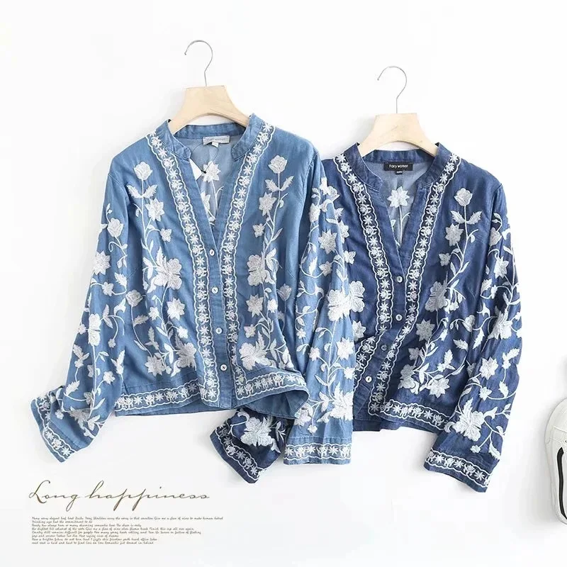3/4 Sleeve Denim Shirt Women's Spring Summer Soft Jeans V Necks Floral Embroidery Blouses Thin Coat Tops New 2026 T35432M