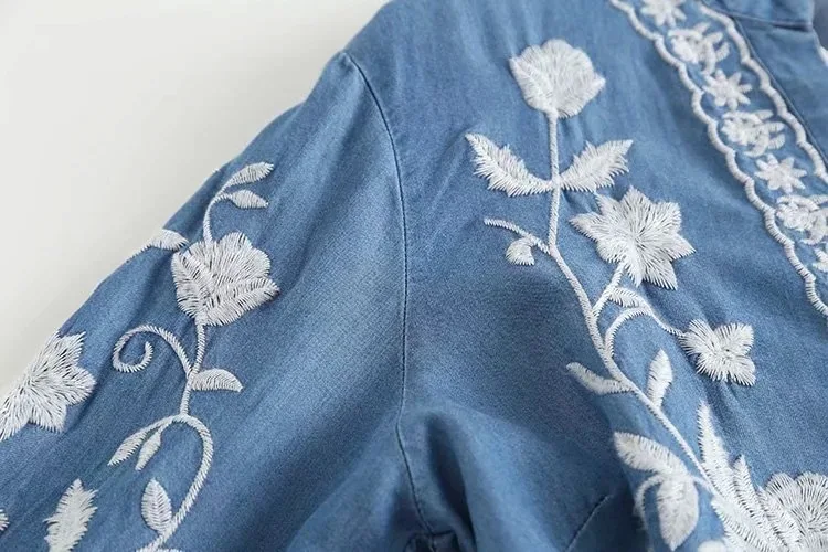 3/4 Sleeve Denim Shirt Women's Spring Summer Soft Jeans V Necks Floral Embroidery Blouses Thin Coat Tops New 2026 T35432M