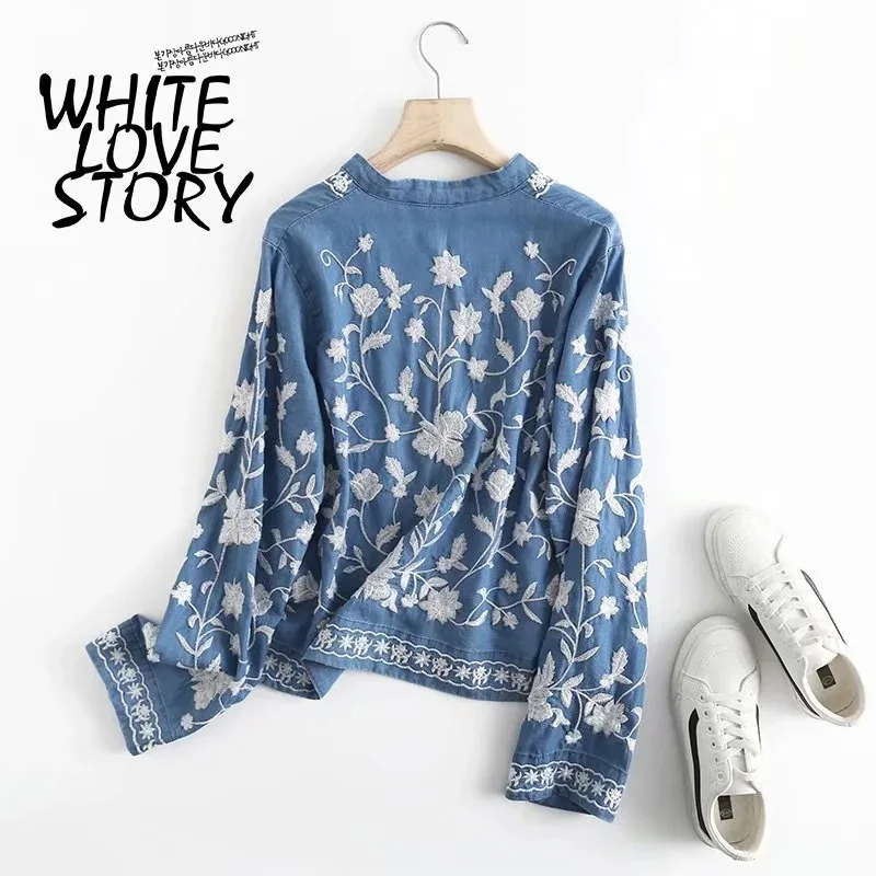 3/4 Sleeve Denim Shirt Women's Spring Summer Soft Jeans V Necks Floral Embroidery Blouses Thin Coat Tops New 2026 T35432M