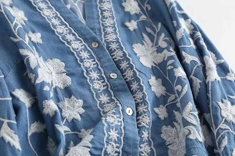 3/4 Sleeve Denim Shirt Women's Spring Summer Soft Jeans V Necks Floral Embroidery Blouses Thin Coat Tops New 2026 T35432M
