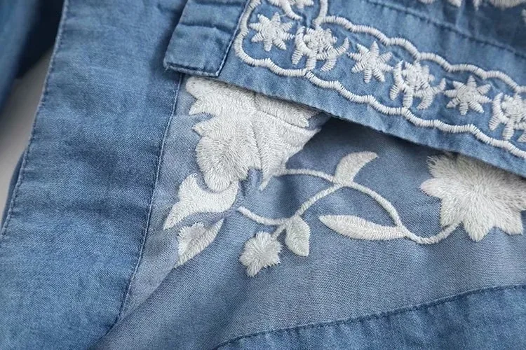 3/4 Sleeve Denim Shirt Women's Spring Summer Soft Jeans V Necks Floral Embroidery Blouses Thin Coat Tops New 2026 T35432M