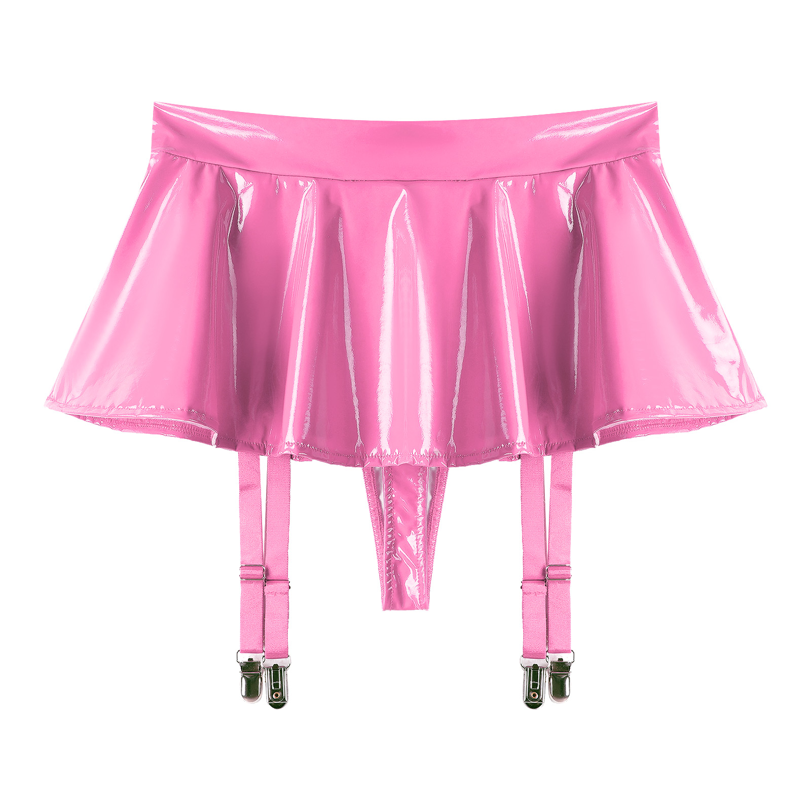Sexy Women Latex Leather Ruffled Skirts Wetlook Party Low Waist Built-in Thongs Miniskirt with Garter Belts Clips Dance Clubwear