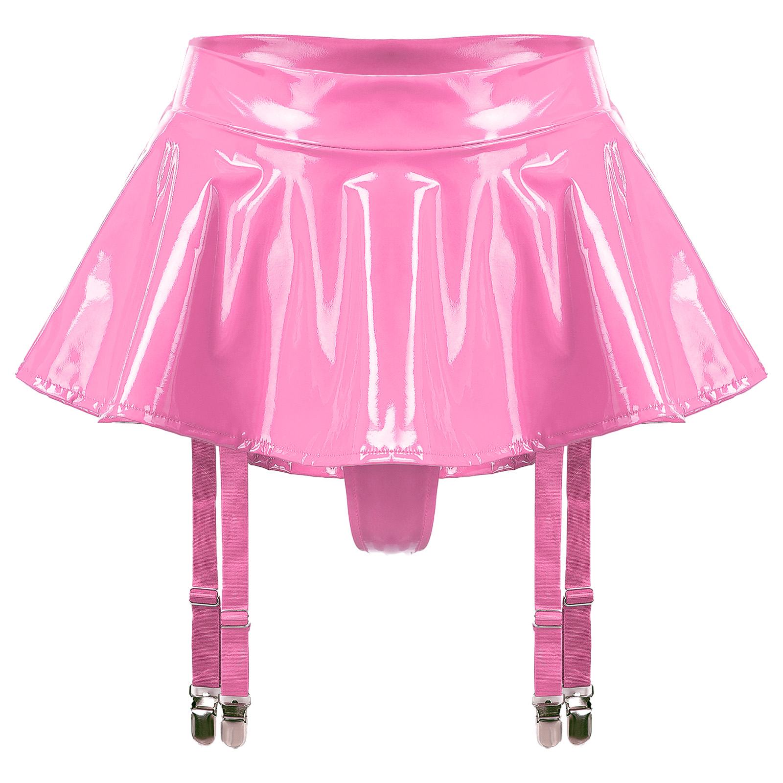 Sexy Women Latex Leather Ruffled Skirts Wetlook Party Low Waist Built-in Thongs Miniskirt with Garter Belts Clips Dance Clubwear