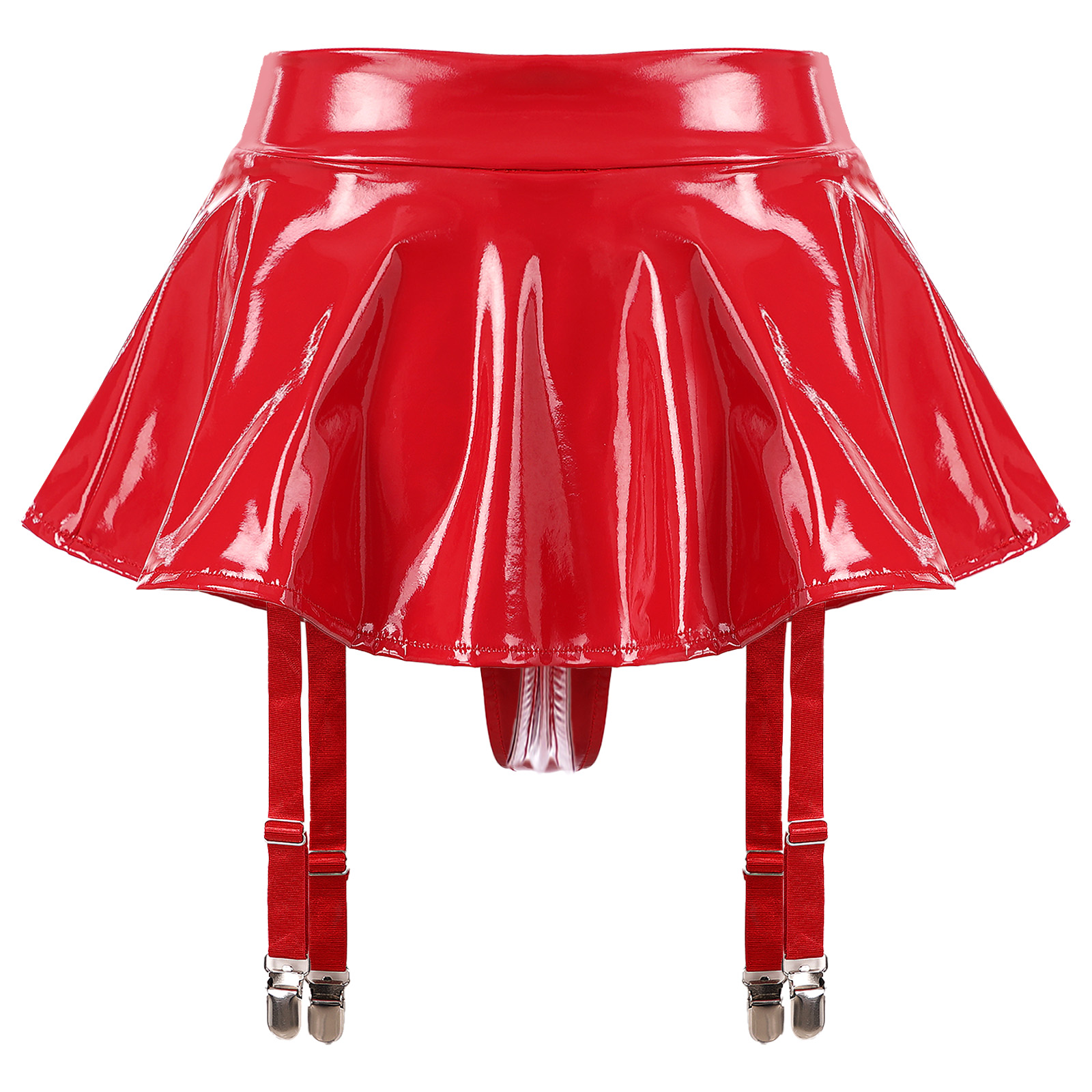 Sexy Women Latex Leather Ruffled Skirts Wetlook Party Low Waist Built-in Thongs Miniskirt with Garter Belts Clips Dance Clubwear