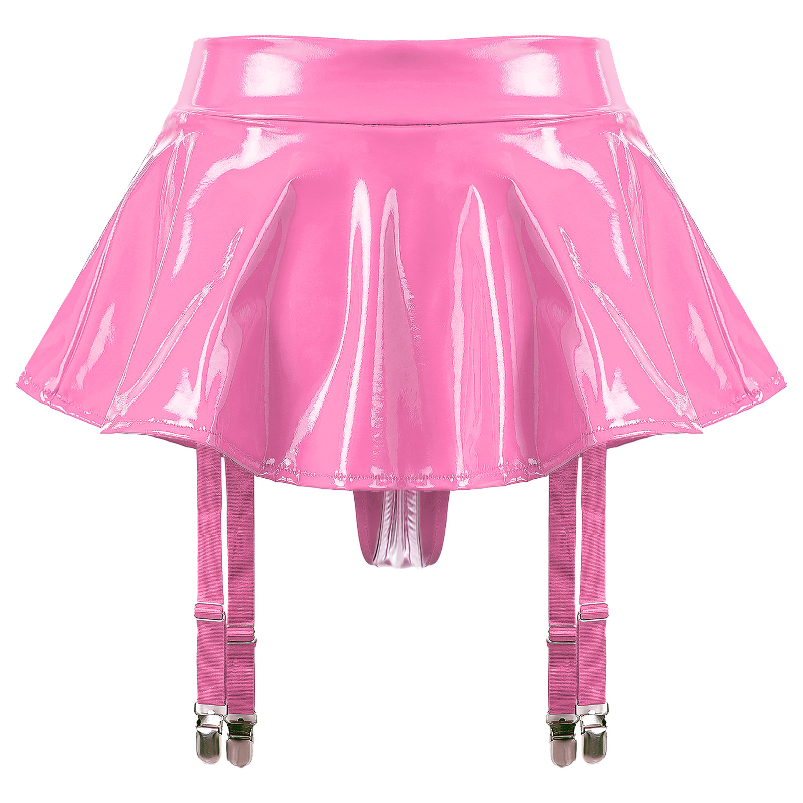 Sexy Women Latex Leather Ruffled Skirts Wetlook Party Low Waist Built-in Thongs Miniskirt with Garter Belts Clips Dance Clubwear